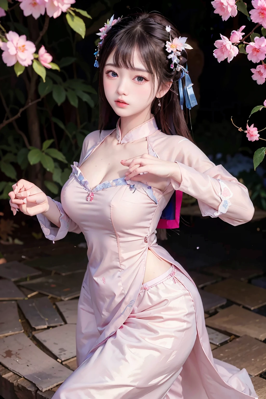 Wet-breasted Qipao  dynasty open V-chested clothes royal, All pictures, Wet body of thin silk fabric, Thin silk lace petticoat,princess 8 yeald old cute, (huge boobs，cleavage),petticoat, white pink, blue ，best qualtiy，tmasterpiece，超高分辨率，（真实感：1.4），RAW photogr，（True skin texture：1.3），（filmgrain：1.3），（Selfie angle），1个Giant Breast Girl，Beautiful eye and face details，tmasterpiece，Best quality at best，exposing thighs，Bigchest，The chest is more exposed， detailed hair，above looking down facing at camera,short dressPrincess Eyes,Super big eyes,Detailed face,shiny pupils, short pink dress, lace petticoat