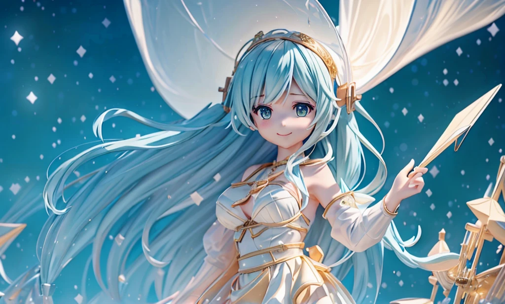 starry sky on board、
While looking up、
a smile、Navigator Girl、Large breasts、
Old ship deck、
navigator's hat fluttering in the wind、
Constellation maps and navigational instruments、
Excited look before going on an adventure、
The rippling sea and the ship's rudder、anime styled 3d, intricate ornate anime cgi style, Trending on CGSTATION、Glitter dancing in the background、