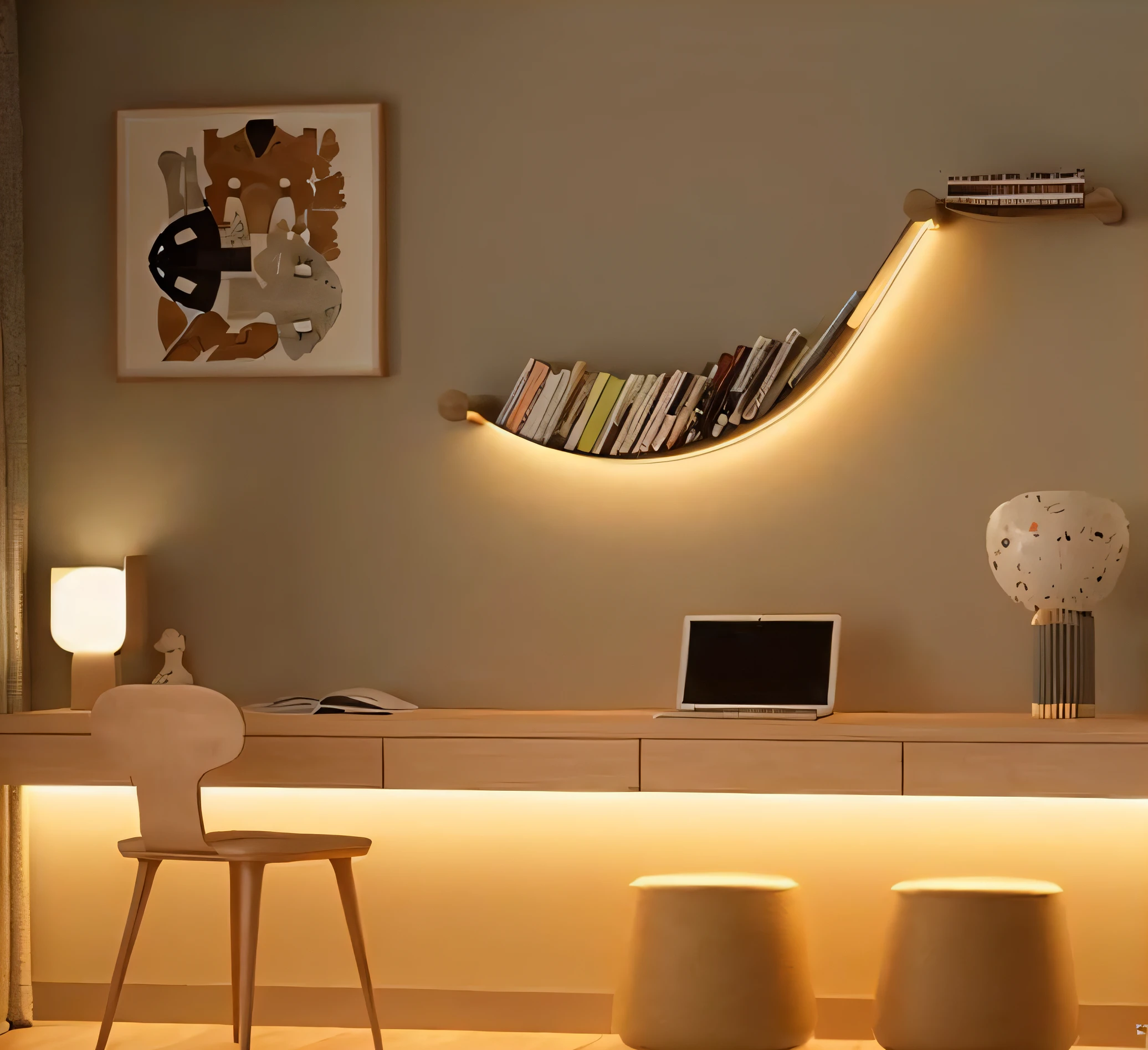 There is a table with a laptop and a lamp in the corner, Cheerful ambient lighting, oled lights in corners, Warm ambient lighting, Warm light interior, Bright ambient lighting, dim accent lighting, gentle ambient lighting, room lighting, room lighting, LED strip light, Soft lighting in the interior, Nice lighting, Warm ambient light, neutral flat lighting, emphasis lighting, A bright room