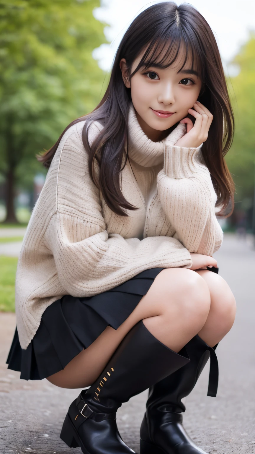 Best-quality, Masterpiece, Ultra-High-Resolution, (Photorealistic:1.4), Raw-Photo, Extremely-Details, Perfect-Anatomy,
1girl, 16-years-old, the most popular Japanese idol, front view, squatting down in park, detailed legs, innocent smile, looking at viewer,
(wearing colorful childish panties, black pleated skirt, woollen loose sweater with cute design, black knee-high-boots), (detailed colorful childish panties, detailed black pleated skirt, detailed woollen loose sweater with cute design, detailed black knee-high-boots),
very beautiful thighs, very beautiful legs, very beautiful and perfect body, very beautiful medium breasts, extremely cute face, amazingly beautiful big black solid circle eyes, very beautiful black hair, very beautiful white skins
detailed thighs, detailed beautiful legs