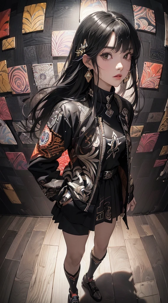 (((8k wallpaper of extremely detailed CG unit:1.2, ​masterpiece, hight resolution:1.2, top-quality:1.2, masutepiece))), ((a very beautiful woman, Hands in pockets:1.8, Grunge Fashion:1.2, wear a blouson:1.2, Wearing shoes)), ((extra detailed face, Highly detailed black eyes, extra detailed body, Top quality real texture skins)), (A dark-haired, length hair, de pele branca), ((colorful geometric pattern wall, Colorful wall)), (high-angle:1.2, a closeup, Fisheye:1.3), hyper realisitic, digitial painting,
