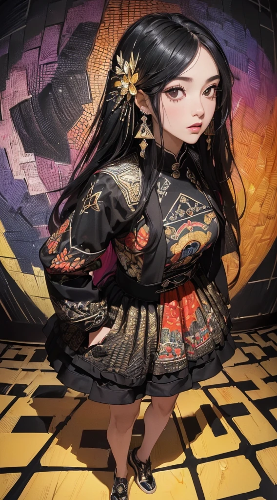 (((8k wallpaper of extremely detailed CG unit:1.2, masterpiece, hight resolution:1.2, top-quality:1.2, masutepiece))), ((a very beautiful woman, Hands in pockets:1.8, Grunge Fashion:1.2, wear a blouson:1.2, Wearing shoes)), ((extra detailed face, Highly detailed black eyes, extra detailed body, Top quality real texture skins)), (A dark-haired, length hair, de pele branca), ((colorful geometric pattern wall, Colorful wall)), (high-angle:1.2, a closeup, Fisheye:1.3), hyper realisitic, digitial painting,