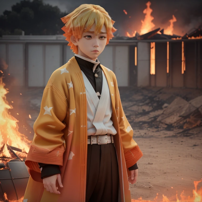 A real life adaption of Zenitsu Agatsuma, orange-haired anime boy from the world of Demon Slayer, nice eyes, exquisite face, stands in the midst of a blazing inferno, hyper realistic, 8k, 3d render