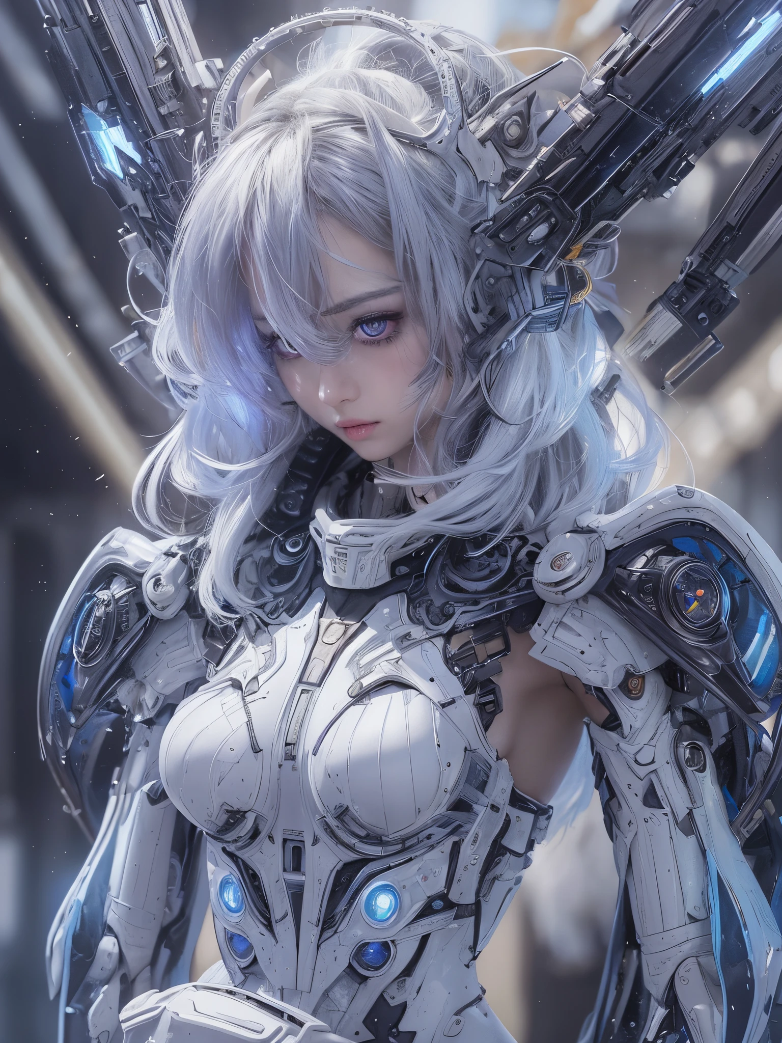 (((Medium Full shot)))、MFS (Medium Full Shot)、(((Medium Full shot)))、 top-quality、masterpiece、A high resolution、(Photorealsitic:1.4)、Raw photo、Battle Cyborg Angel、large wings made of metal、White porcelain body、Acrylic Clear Cover、white hair、glowy skin、1 Cyborg Girl、Beautiful girl、 ((super realistic details))、globalillumination、Shadow、octan render、8K、ultrasharp、character edge light,Colossal tits、Raw skin is exposed in cleavage、Details of complex ornaments、Gothloli details、Hydraulic cylinder、Small LED lamp、highly intricate detail、Realistic light、a purple eye、radiant eyes、neon details、Futuristic headgear、About Cyberpunk、Medium Full shot、