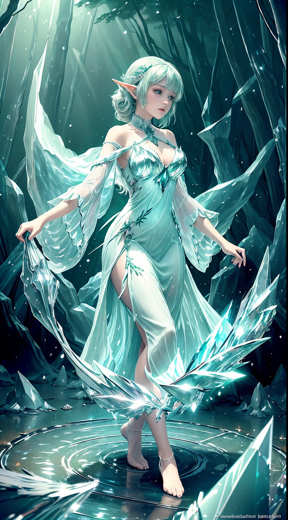 (Masterpiece, Top Quality, Best, Official Art, Beautiful and Aesthetic, Long Exposure: 1.2), Smooth Movement, Charming Patterns, 1 Girl, (Long Dress with Sleeves: 1.3), (((Green Clothes) )), upper body close-up, bare shoulders, Chinese girl, blush, black lob hair, portrait, solo, upper body, looking at the observer, detailed background, detailed face, (crystallineAI, crystalline theme:1.1), elemental wood elf, rotation foliage, control foliage, emerald clothing, dynamic pose, floating particles, ethereal dynamics, foliage, vapor, forest in the background, green tint, forest, ethereal atmosphere,