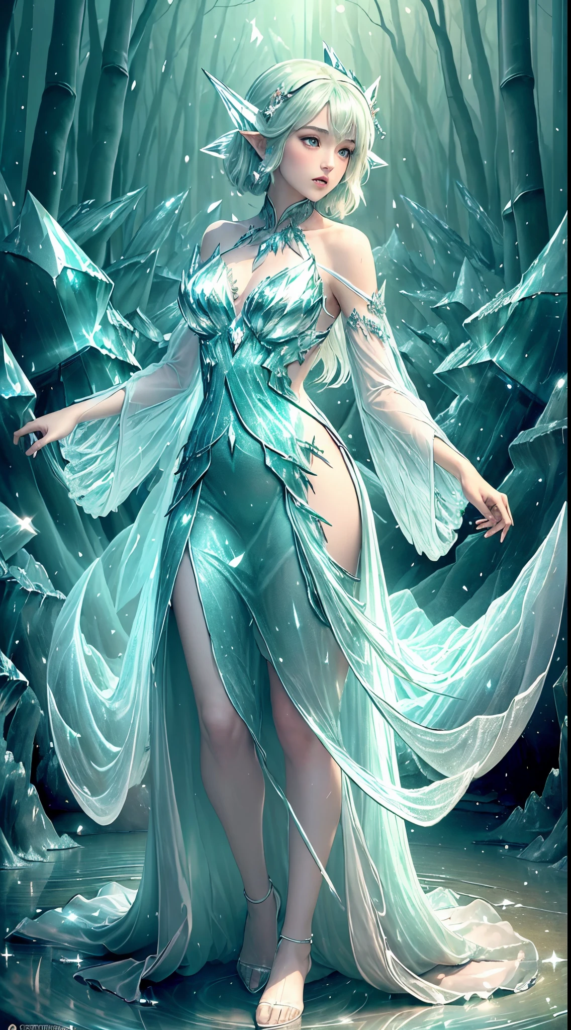 (Masterpiece, Top Quality, Best, Official Art, Beautiful and Aesthetic, Long Exposure: 1.2), Smooth Movement, Charming Patterns, 1 Girl, (Long Dress with Sleeves: 1.3), (((White Clothes) )), upper body close-up, bare shoulders, Chinese girl, blush, black lob hair, portrait, solo, upper body, looking at the observer, detailed background, detailed face, (crystallineAI, crystalline theme:1.1), elemental wind elves, rotation Wind, control the wind, white crystal clothing, dynamic pose, floating particles, ethereal dynamics, whirlwind, vapor, whirlwind in the background, white tone, whirlwind, ethereal atmosphere,