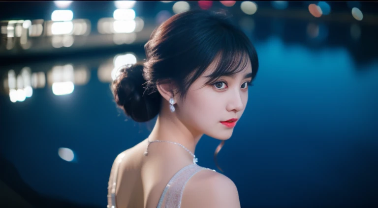 8k, RAW photo, best quality, masterpiece, high detail RAW color photo, professional photograph, (realistic, photorealistic:1.37), (high detailed skin:1.2), high resolution, beautiful detailed eyes, (hard focus:1.4), (sharp focus:1.4), 1girl wearing elegant long evening dress, deep blue, sparkling under moonlight, standing beside calm lake, tranquil night, hair styled in elegant updo, silver jewelry, serene expression, reflections on water, cool night colors, gentle moonlight, bokeh, lens flare, (vignette:0.8), dramatic lighting, cinematic lighting, back light, professional lighting, physically-based rendering, ulzzang-6500-v1.1, pureerosface_v1