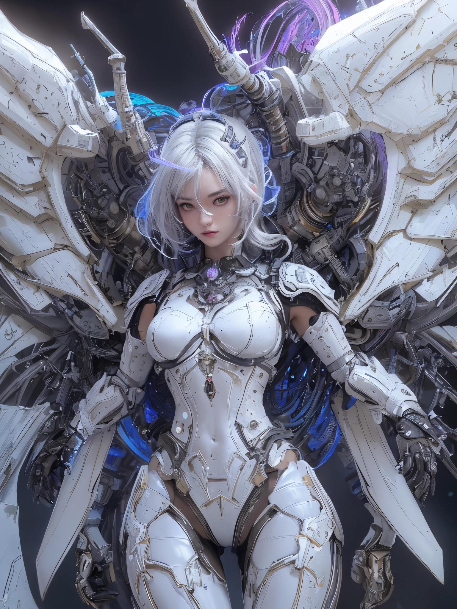 top-quality、​masterpiece、超A high resolution、(Photorealsitic:1.4)、Raw photo、Battle Cyborg Angel、large wings made of metal、White porcelain body、Acrylic Clear Cover、white  hair、glowy skin、1 Cyborg Girl、((super realistic details))、portlate、globalillumination、Shadow、octan render、8K、ultrasharp、character edge light,Colossal tits、Raw skin is exposed in cleavage、Details of complex ornaments、Greek Detail、Hydraulic cylinder、Small LED lamp、highly intricate detail、Realistic light、a purple eye、radiant eyes、Facing the camera、neon details、cowboy  shot、Futuristic headgear、About Cyberpunk、、
