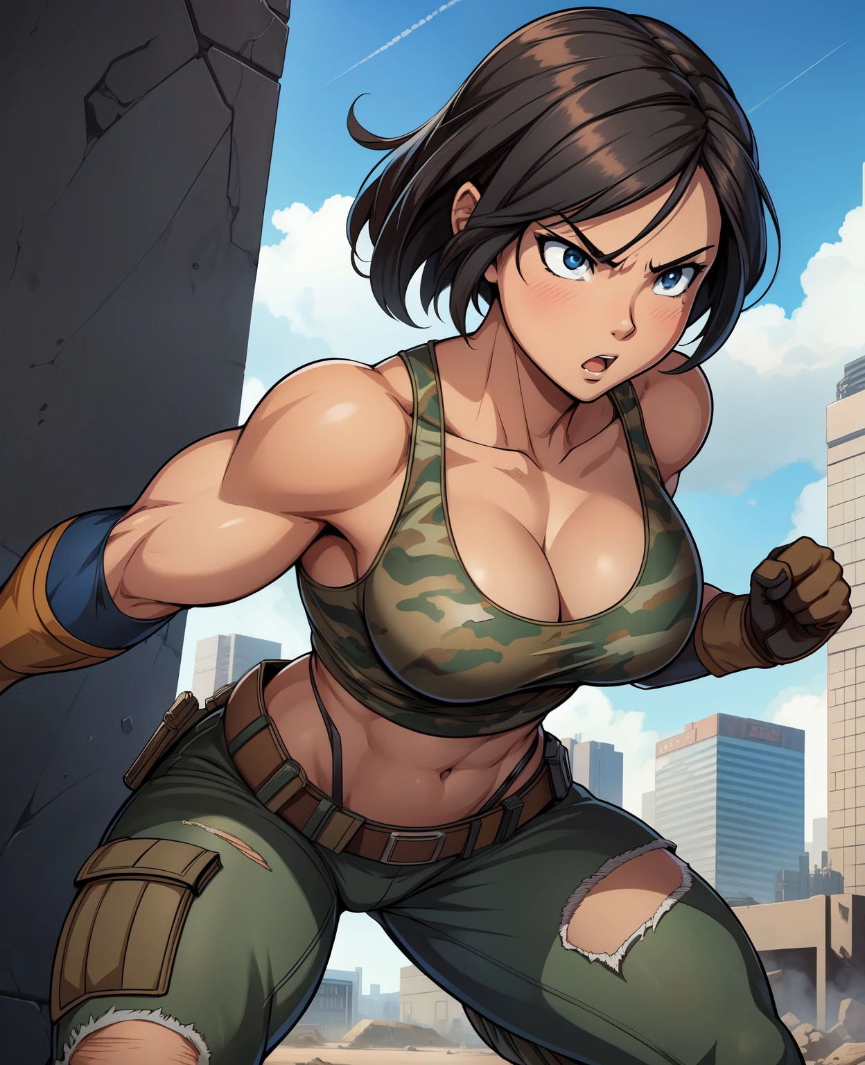 Full body, hq artwork, 24 year old, Filipino Woman, tan skin, short black hair, wearing marine corps uniform, athletic physique, strong muscles, military girl, soldier girl, infantry girl, camouflage uniform, torn tank top, belly button, gloves, torn military pants, small, cleavage, expression of determination, attack action, face close-up, action with impact, fighting on the battlefield, full body, background is ruined city, most strongest pose, female action anime girl, full body, striking manga artstyle, official art, official artwork, power girl, closeup view, badass pose, anime cover, wallpaper!, full art