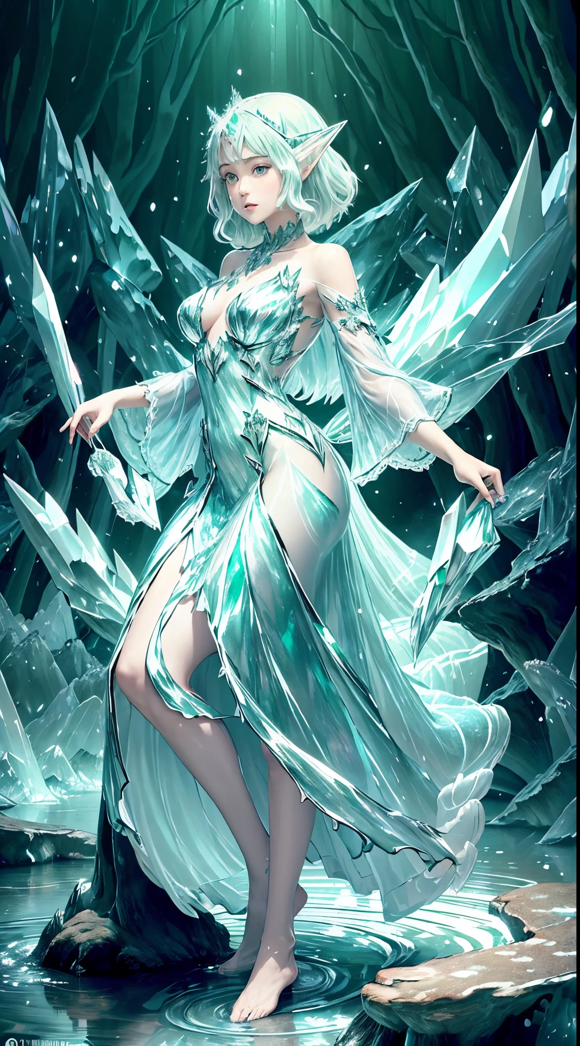 (Masterpiece, Top Quality, Best, Official Art, Beautiful and Aesthetic, Long Exposure: 1.2), Smooth Movement, Charming Patterns, 1 Girl, (Long Dress with Sleeves: 1.3), (((Green Clothes) )), upper body close-up, bare shoulders, Chinese girl, blush, black lob hair, portrait, solo, upper body, looking at the observer, detailed background, detailed face, (crystallineAI, crystalline theme:1.1), elemental wood elf, rotation foliage, control foliage, emerald clothing, dynamic pose, floating particles, ethereal dynamics, foliage, vapor, forest in the background, green tint, forest, ethereal atmosphere,