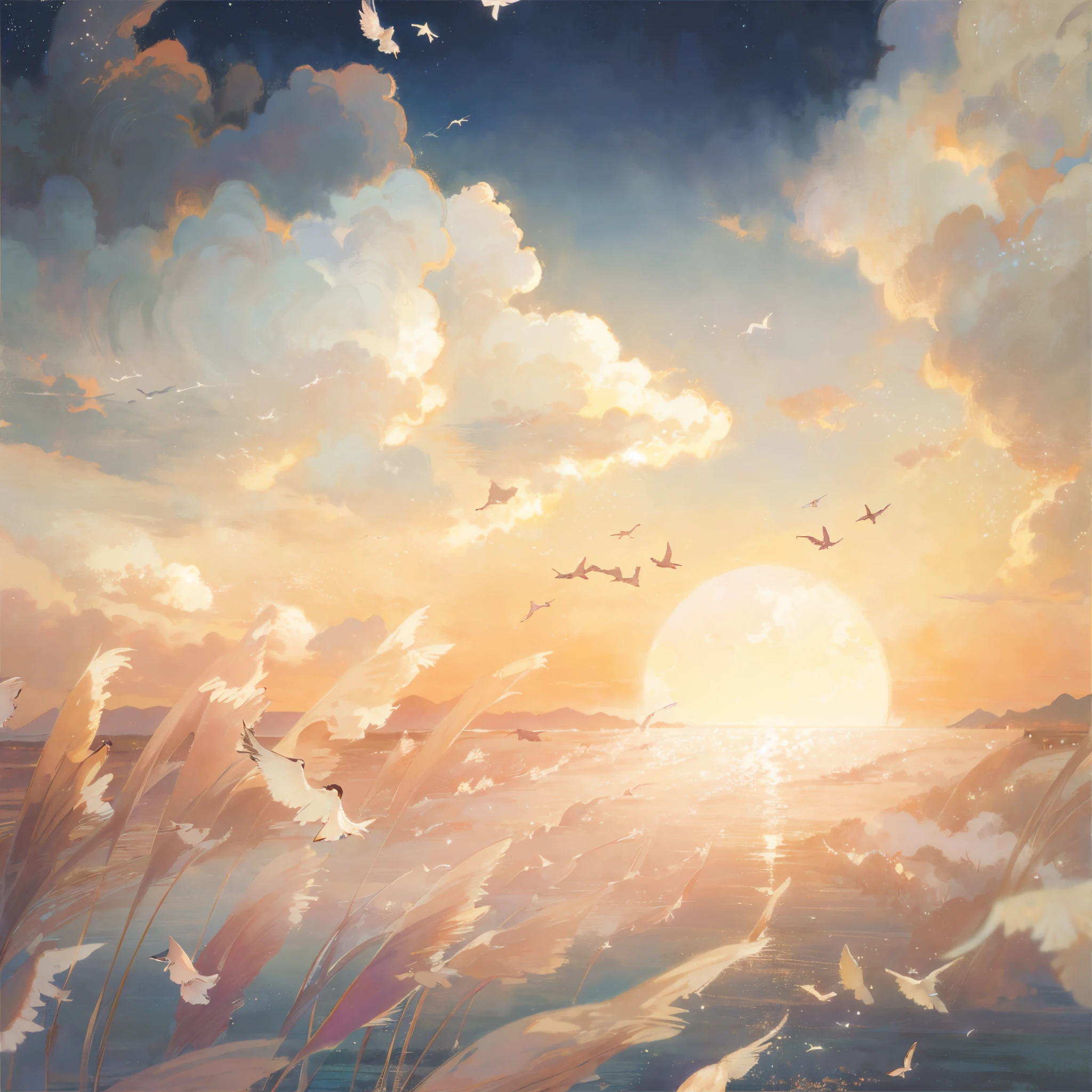 There are many birds flying on the water at sunset, Anime beautiful peaceful scene, A beautiful artistic illustration, landscape artwork, dream scenery art, sunset illustration, beautiful digital painting, Beautiful digital artwork, dreamlike digital painting, Detailed scenery – width 672, Anime background art, Blurry and dreamy illustration, anime landscape wallpapers, gorgeous digital painting, fantasy scenery