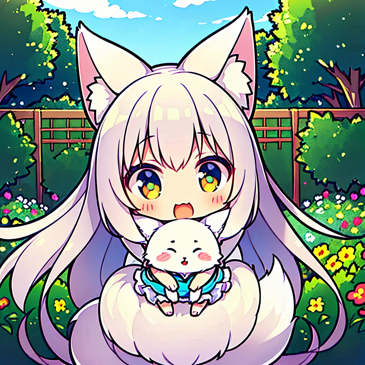 (Best Quality,Ultra-detailed,realisitic:1.37), cute girl with big white fox ears,Illustration,Long flowing hair,playful expression,garden background,vibrant colours,warm lightings