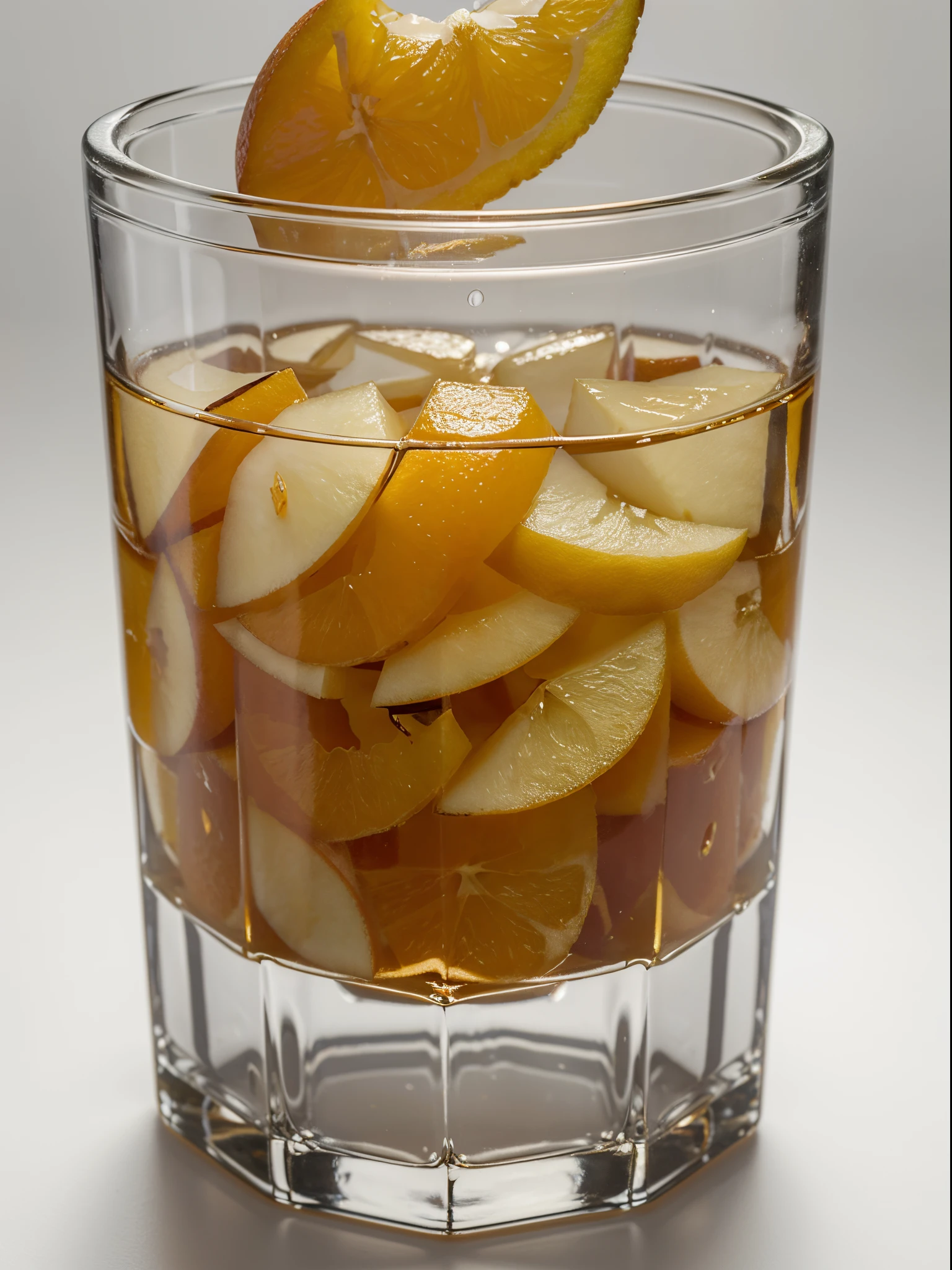 (Best quality,8K,Masterpiece:1.3),NOhumans,Clear glass,There are a lot of sliced pear in it、Oranges cut into cubes, blend, detalhe poderoso, intense detail, on the white background, Clear detail, professional,(Hyper-realistic:1.3)