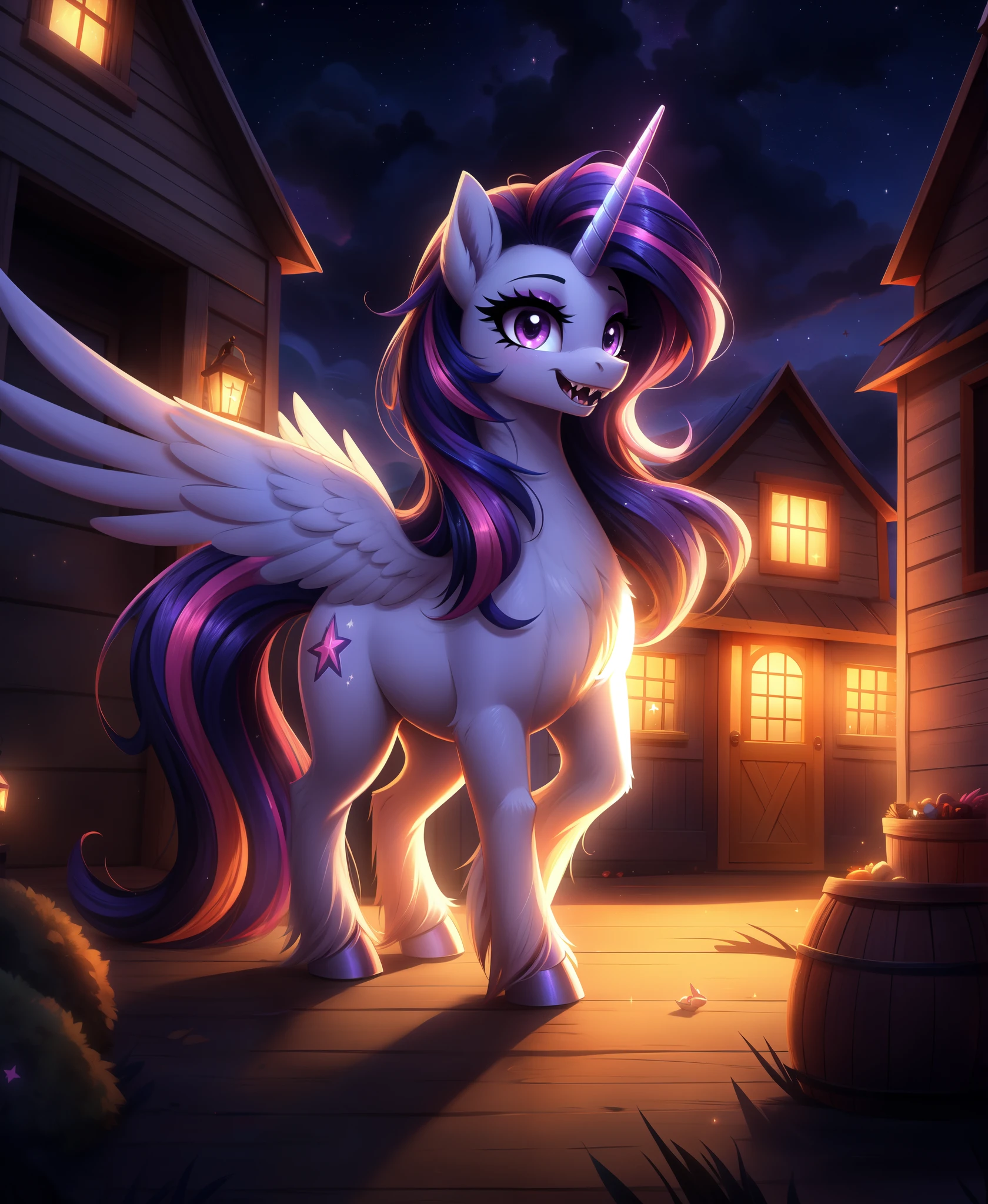 badumsquish, 
friendship_is_magic, hasbro, my_little_pony, 
fan_character, trixie_(mlp), twilight_sparkle_(mlp), 
canid, canine, equid, equine, fox, hybrid, kitsune_pony, mammal, monster, monster_pony, unicorn, winged_unicorn, 
hi_res, 
amber_eyes, building, eyelashes, eyeshadow, fangs, female, feral, flirting, fox_pony, horn, house, long_tail, makeup, night, ponyville, purple_eyes, quadruped, red_eyeshadow, sharp_teeth, star, tail, teeth, wings,