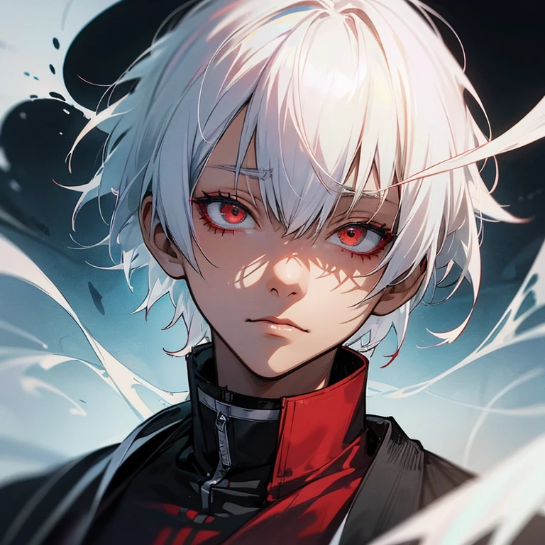 African American version of Kenkaneki) Tokyo ghoul style art, digital art, white dye hair, detailed hair, detailed line art, crooked lines giving the photo a tense eerie energy.