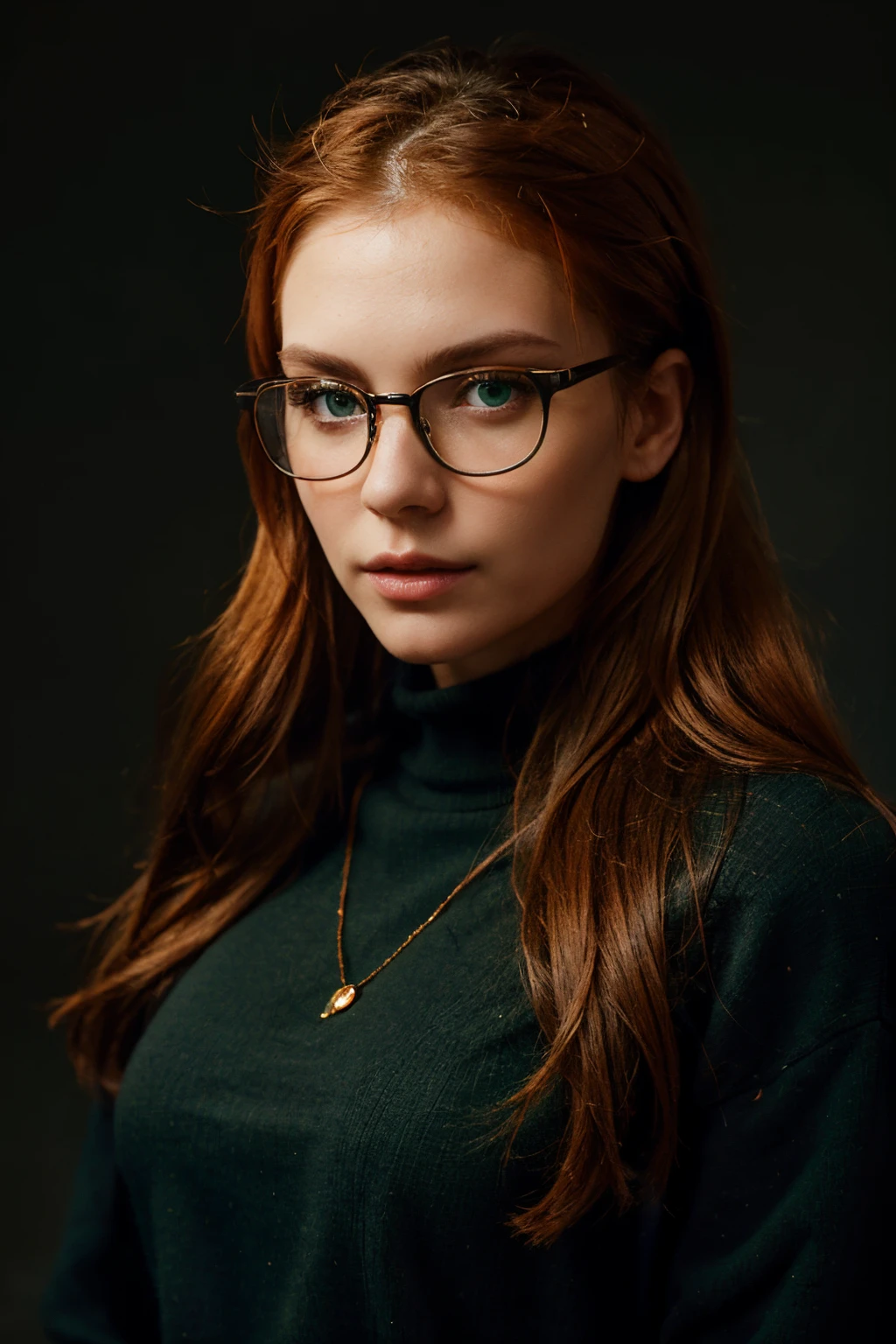 face model, very sharp woman model face, wearing high-end glasses, caucasian type, winter clothing, orange-hair, green eyes, lips, slate atmosphere, black background*