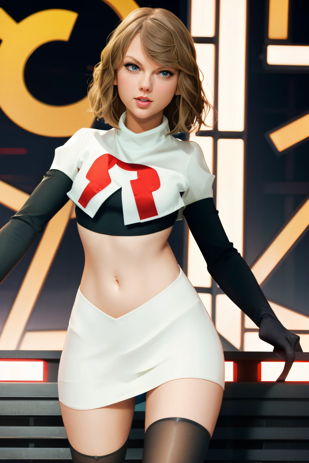 the face of Taylor Swift, 1girl,team rocket,team rocket uniform, red letter R, white skirt,white crop top,black thigh-highs,black elbow gloves