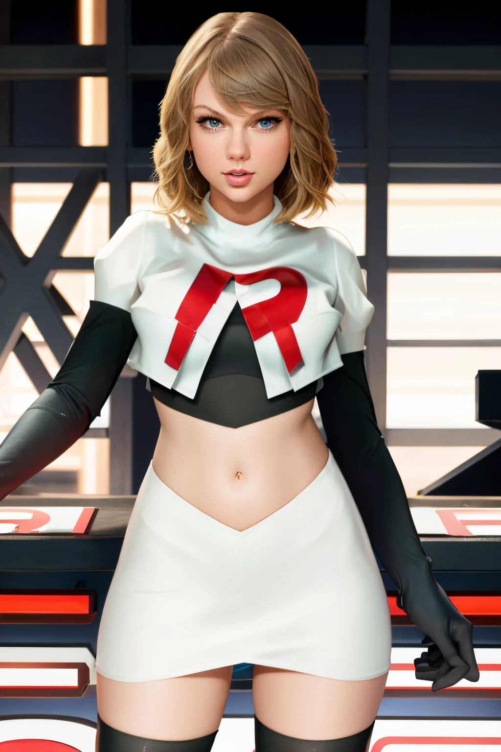 the face of Taylor Swift, 1girl,team rocket,team rocket uniform, red letter R, white skirt,white crop top,black thigh-highs,black elbow gloves