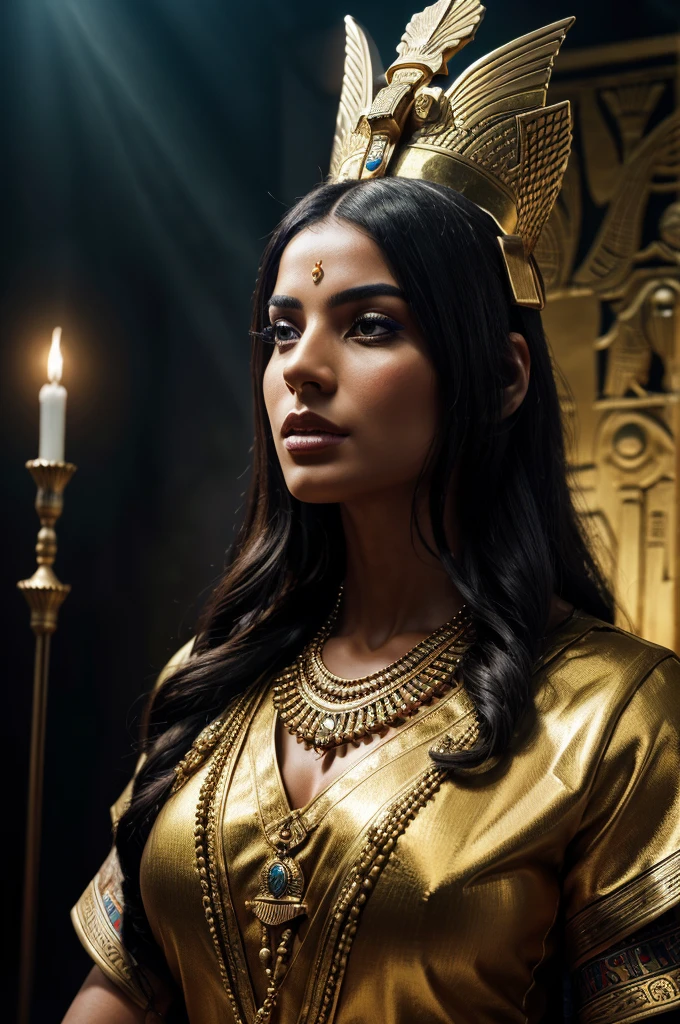 (best quality,4k,8k,highres,masterpiece:1.2),ultra-detailed,realistic:1.37,A dynamic and dramatic rendering,portrait,landscape,photography,(royal,regal:1.1) attire,fierce expression,(powerful,strong:1.1) Egyptian queen,performing a sacrifice,fancy headdress,precious jewelry,elaborate golden altar,awe-struck onlookers,mesmerized audience,gods' divine presence,dark and moody lighting,vibrant colors,mythical atmosphere,ancient Egyptian symbols,mystical energy