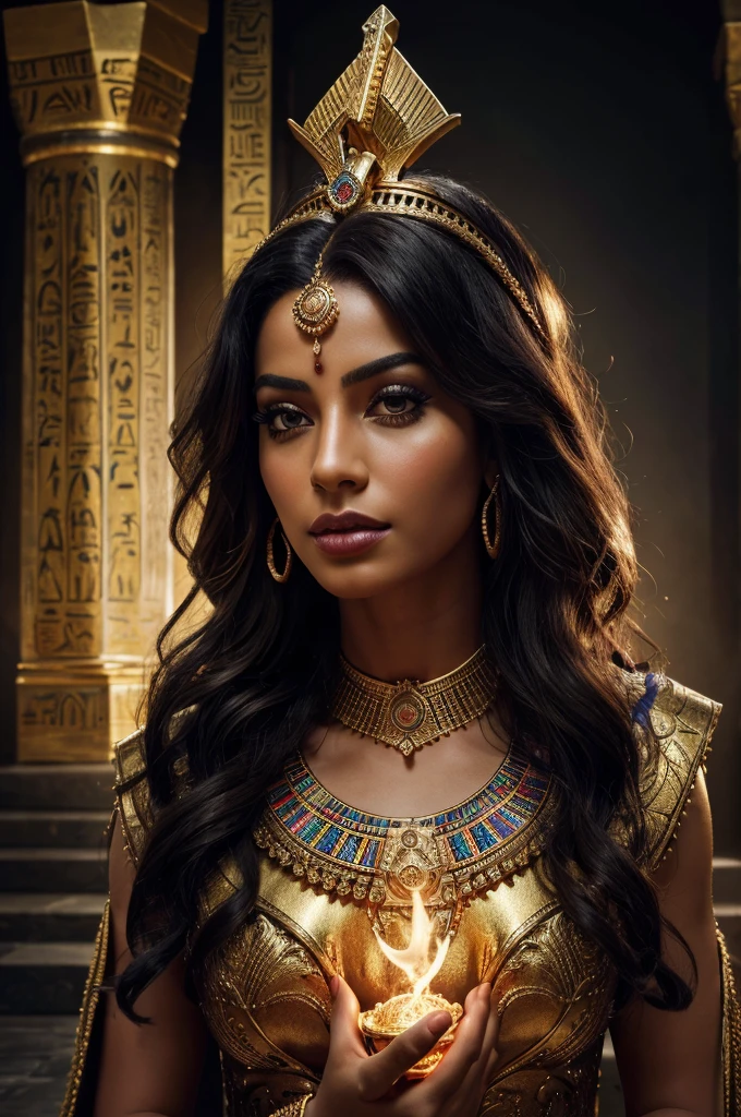 (best quality,4k,8k,highres,masterpiece:1.2),ultra-detailed,realistic:1.37,A dynamic and dramatic rendering,portrait,landscape,photography,(royal,regal:1.1) attire,fierce expression,(powerful,strong:1.1) Egyptian queen,performing a sacrifice,fancy headdress,precious jewelry,elaborate golden altar,awe-struck onlookers,mesmerized audience,gods' divine presence,dark and moody lighting,vibrant colors,mythical atmosphere,ancient Egyptian symbols,mystical energy