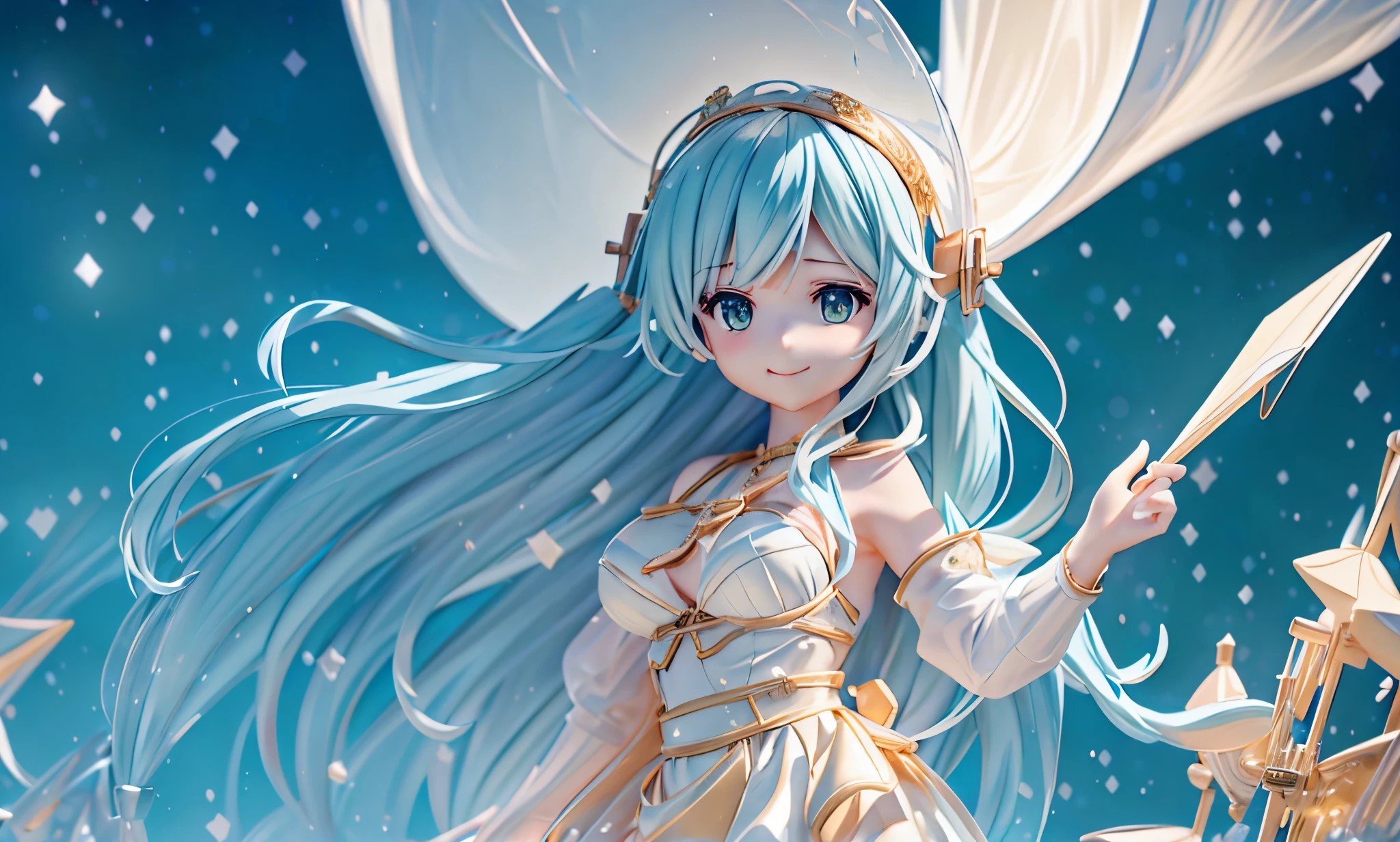 starry sky on board、
While looking up、
a smile、Navigator Girl、Large breasts、
Old ship deck、
navigator's hat fluttering in the wind、
Constellation maps and navigational instruments、
Excited look before going on an adventure、
The rippling sea and the ship's rudder、anime styled 3d, intricate ornate anime cgi style, Trending on CGSTATION、Glitter dancing in the background、
