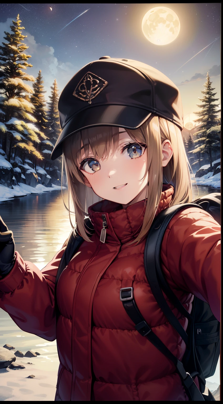1 woman((Upper body selfie, Happy)), masutepiece, Best Quality, Ultra-detailed, Solo, Outdoors, (Night), mountainscape, Nature, (Stars, Moon) Cheerful, Happy, backpack, sleeping bag, Camping stove, water bottle, Mountain boots, gloves, Sweaters, hat, flash lights, forest, boulders, River, Wood, Smoke, shadowy, Contrasty, crystal clear skies, analog style (look at viewr:1.2) (Skin Texture) (Film grain:1.3), (warm hue, warm tone)