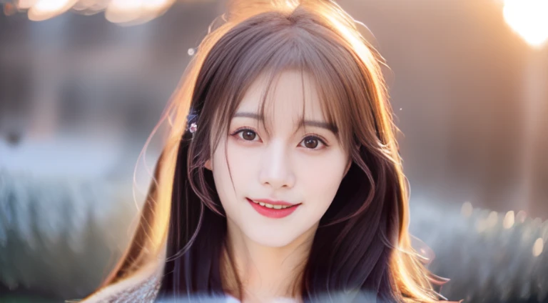 8k, RAW photo, best quality, masterpiece, high detail RAW color photo, professional photograph, (realistic, photorealistic:1.37), (high detailed skin:1.2), high resolution, beautiful detailed eyes, (hard focus:1.4), (sharp focus:1.4), 1girl wearing cozy winter sweater, woolen scarf, standing in snowy forest, snowflakes gently falling, misty winter morning, hair covered with snowflakes, bright smile, warm winter tones, soft, diffused light, bokeh, lens flare, (vignette:0.8), dramatic lighting, cinematic lighting, back light, professional lighting, physically-based rendering, ulzzang-6500-v1.1, pureerosface_v1