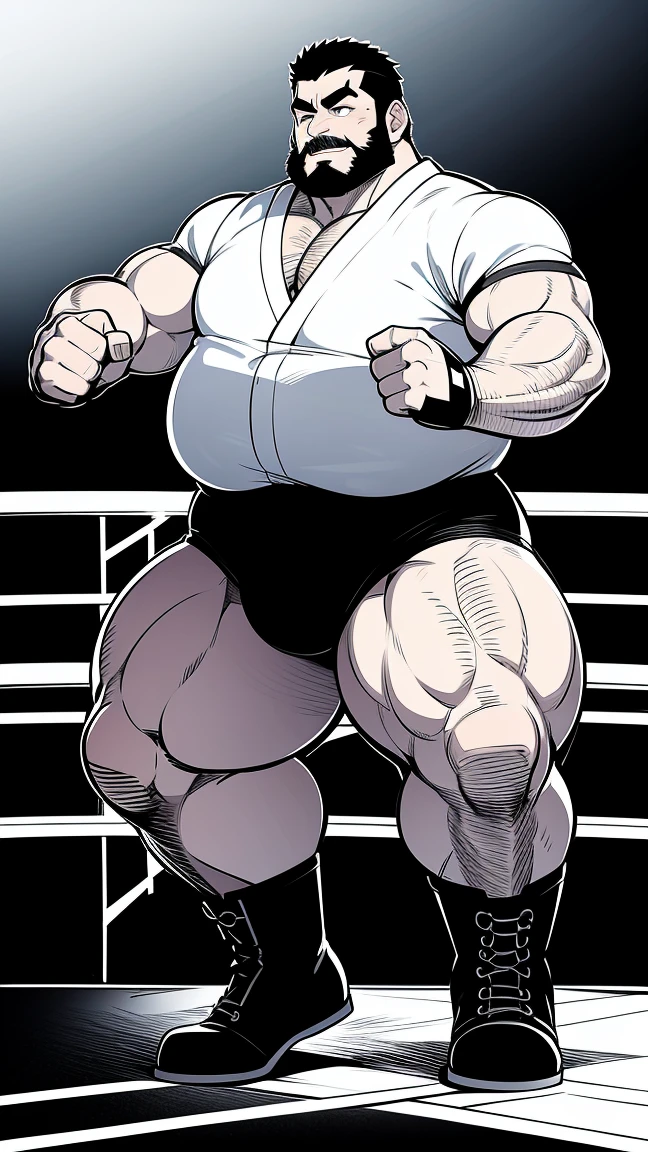 the only person，male people，Muscle wrestler，Muscular，Stout wrestler，Asian people，jpn，Uncles，60-year-old middle-aged man，Short hair details，Short hair details，Wrestling boots，Full body like，Panorama characters，WWE ring，WWE American professional wrestling，spotlight lights，cellshading，visions，pantiess，fatness，age 55，,Middle age，tattoo is，Fingerless gloves，Wheat-colored skin，oilly skin，Dark skin，Show off your chest muscles，Sumo wrestler，body builder，Wide sideburns，Pronounced abs，ssmile，beard is gray，White hair，（Full body like：3），Hands are very thin，bright outside，outdoor background