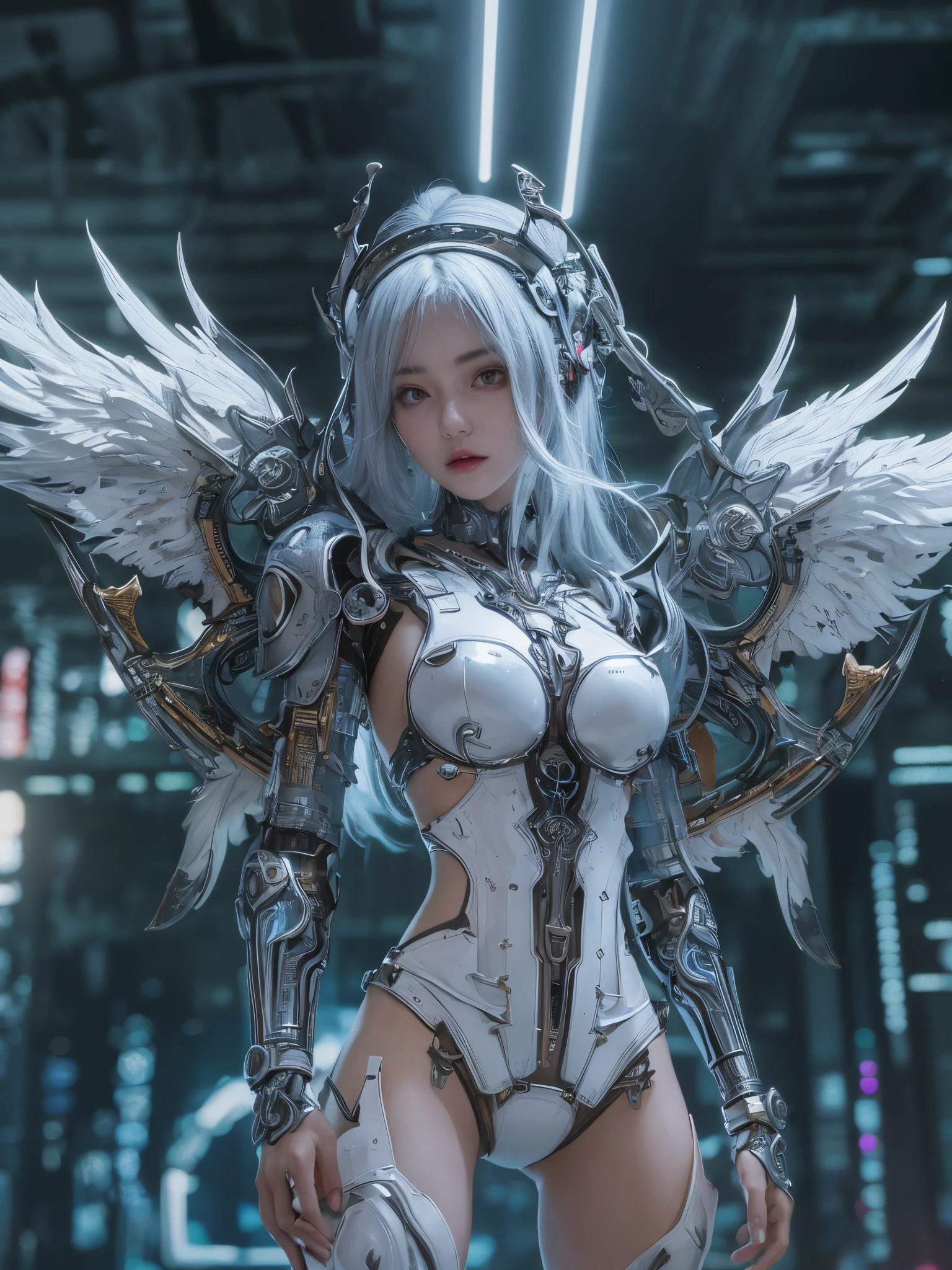 (((Medium Full shot)))、MFS (Medium Full Shot)、(((Medium Full shot)))、 top-quality、​masterpiece、A high resolution、(Photorealsitic:1.4)、Raw photo、Battle Cyborg Angel、large wings made of metal、White porcelain body、Acrylic Clear Cover、white  hair、glowy skin、1 Cyborg Girl、Beautiful girl、 ((super realistic details))、globalillumination、Shadow、octan render、8K、ultrasharp、character edge light,Colossal tits、Raw skin is exposed in cleavage、Details of complex ornaments、Gothloli details、Hydraulic cylinder、Small LED lamp、highly intricate detail、Realistic light、a purple eye、radiant eyes、neon details、Futuristic headgear、About Cyberpunk、Medium Full shot、