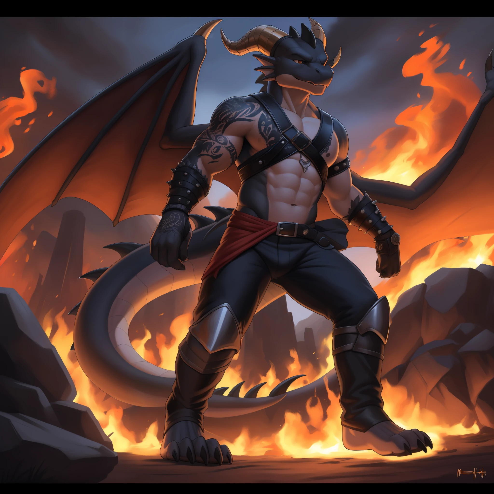 (masterpiece, best quality, high quality, highres:1.4), detailed, extremely detailed, dark lighting, 4K, (by ruaidri), yupa, kiyosan,(by meesh), (by fffffolder)), delga: ( slim, athletic, dragon, black body, smooth skin, athletic muscle, anthro legs, ((young)), (dragon feet), (toe claw), black spikes, (detailed eyes), dragon horn, (dragon tail), dragon wings, bare_shoulders, (clothing, handwear:(vambraces), bottomwear:(pants:black, [[leg armor]]))), beautiful, closed_mouth, ((serious_look, menacing)) tag:1boy)), standing in a battlefield, covered in tattoos, has tattoos, tattoos covering the chest and arms, tattoo sleeves on both arms, flames coming off the skin, ((black flame)), fire, walking through flames, fire billowing off body, close up, portrait