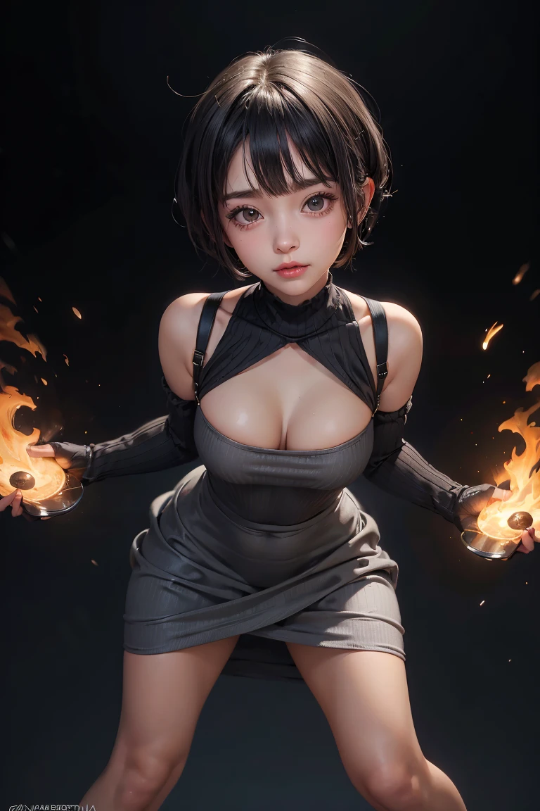 FutanariQuiron Style , Futanari , Huge ???? , Cute little girl s , ???? , gray ribbed dress , Front view , Black background , Short Cut