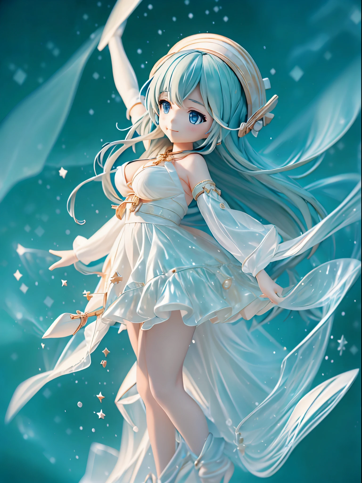 starry sky on board、 While looking up、 a smile、Navigator Girl、?????????????、 Old ship deck、 navigator's hat fluttering in the wind、 Constellation maps and navigational instruments、 Excited look before going on an adventure、 The rippling sea and the ship's rudder、anime styled 3d, intricate ornate anime cgi style, Trending on CGSTATION、stars dancing in the background々、Full body like、