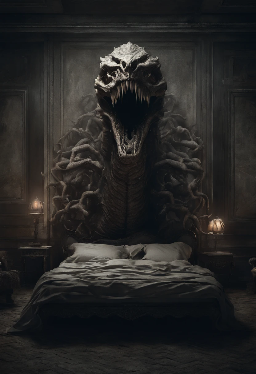3d render, (masterpiece:1. 3), (8k, photorealistic, RAW photo, best quality: 1. 4), Closeup of a giant huge oversized scary angry Hydra terminate, a girl sleeping in a bed in a bedroom, rococo style, candlelight