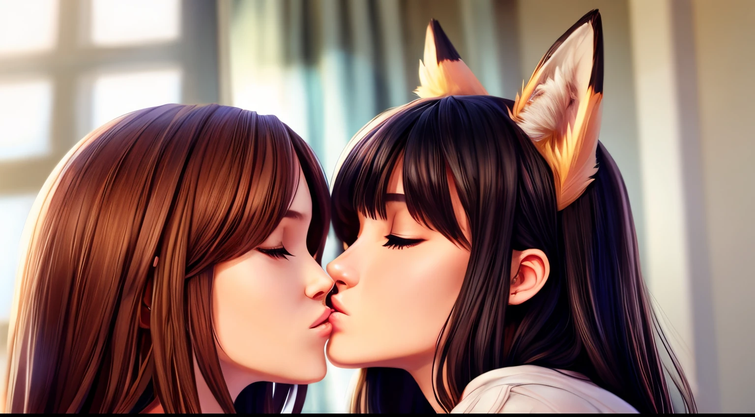 (((a human girl))) and a furry fox-girl kissing