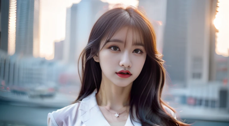 8k, RAW photo, best quality, masterpiece, high detail RAW color photo, professional photograph, (realistic, photorealistic:1.37), (high detailed skin:1.2), high resolution, beautiful detailed eyes, (hard focus:1.4), (sharp focus:1.4), 1girl wearing chic business suit, white shirt, standing in urban environment, early morning light, bustling city life, confident posture, hair neatly tied, modern cityscape background, clear sky, sharp, crisp morning light, bokeh, lens flare, (vignette:0.8), dramatic lighting, cinematic lighting, back light, professional lighting, physically-based rendering, ulzzang-6500-v1.1, pureerosface_v1