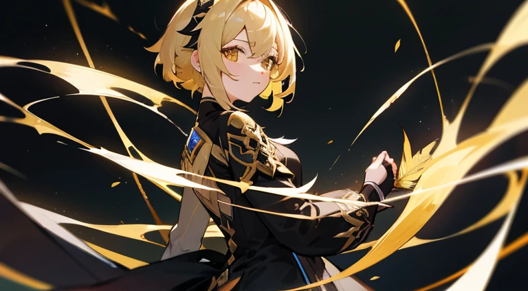 1girl, blonde, short hair with two longer strands, golden eyes, arrogant pose