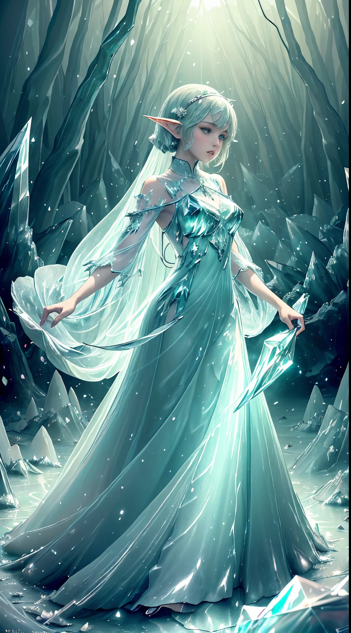 (Masterpiece, Top Quality, Best, Official Art, Beautiful and Aesthetic, Long Exposure: 1.2), Smooth Movement, Charming Patterns, 1 Girl, (Long Dress with Sleeves: 1.3), (((Green Clothes) )), upper body close-up, bare shoulders, Chinese girl, blush, black lob hair, portrait, solo, upper body, looking at the observer, detailed background, detailed face, (crystallineAI, crystalline theme:1.1), elemental wood elf, rotation foliage, control foliage, emerald clothing, dynamic pose, floating particles, ethereal dynamics, foliage, vapor, forest in the background, green tint, forest, ethereal atmosphere,