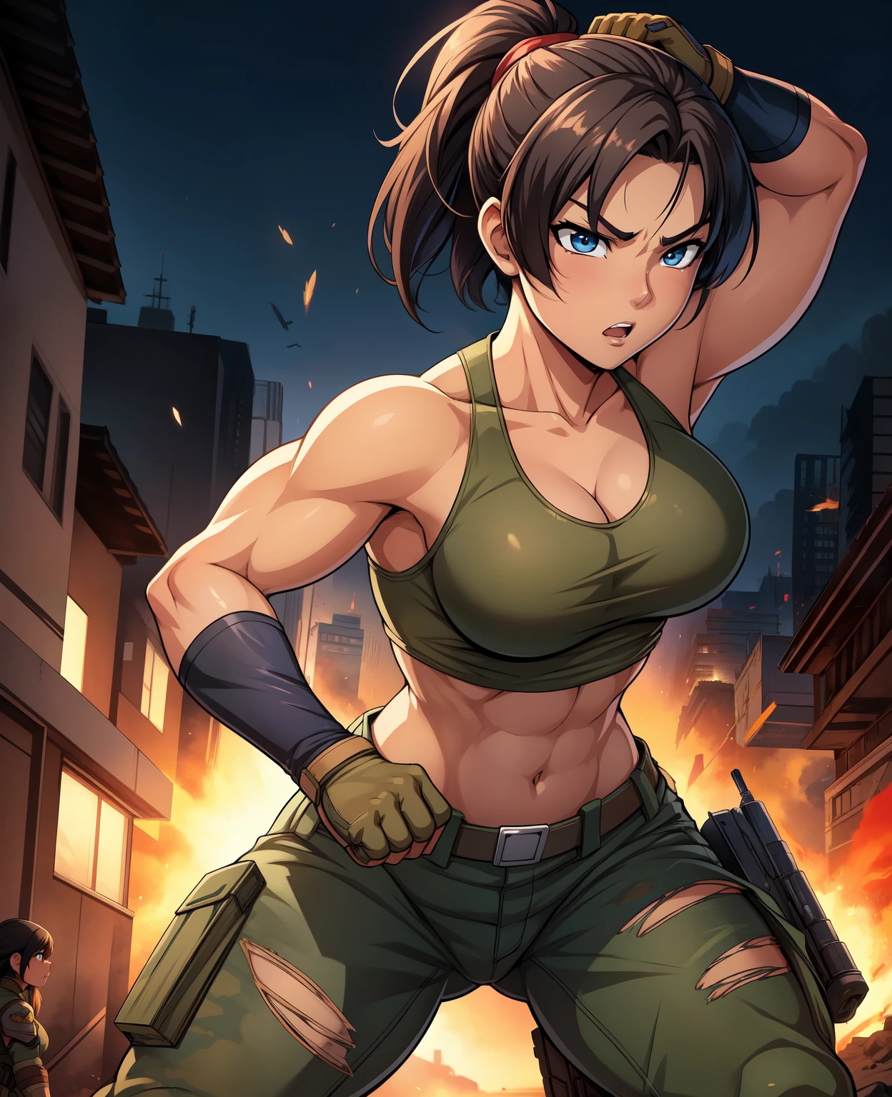 Full body, hq artwork, 24 year old, Filipino Woman, tan skin, short black hair, wearing marine corps uniform, athletic physique, strong muscles, military girl, soldier girl, infantry girl, camouflage uniform, torn tank top, belly button, gloves, torn military pants, small, cleavage, expression of determination, attack action, face close-up, action with impact, fighting on the battlefield, full body, background is ruined city, most strongest pose, female action anime girl, full body, striking manga artstyle, official art, official artwork, power girl, closeup view, badass pose, anime cover, wallpaper!, full art
