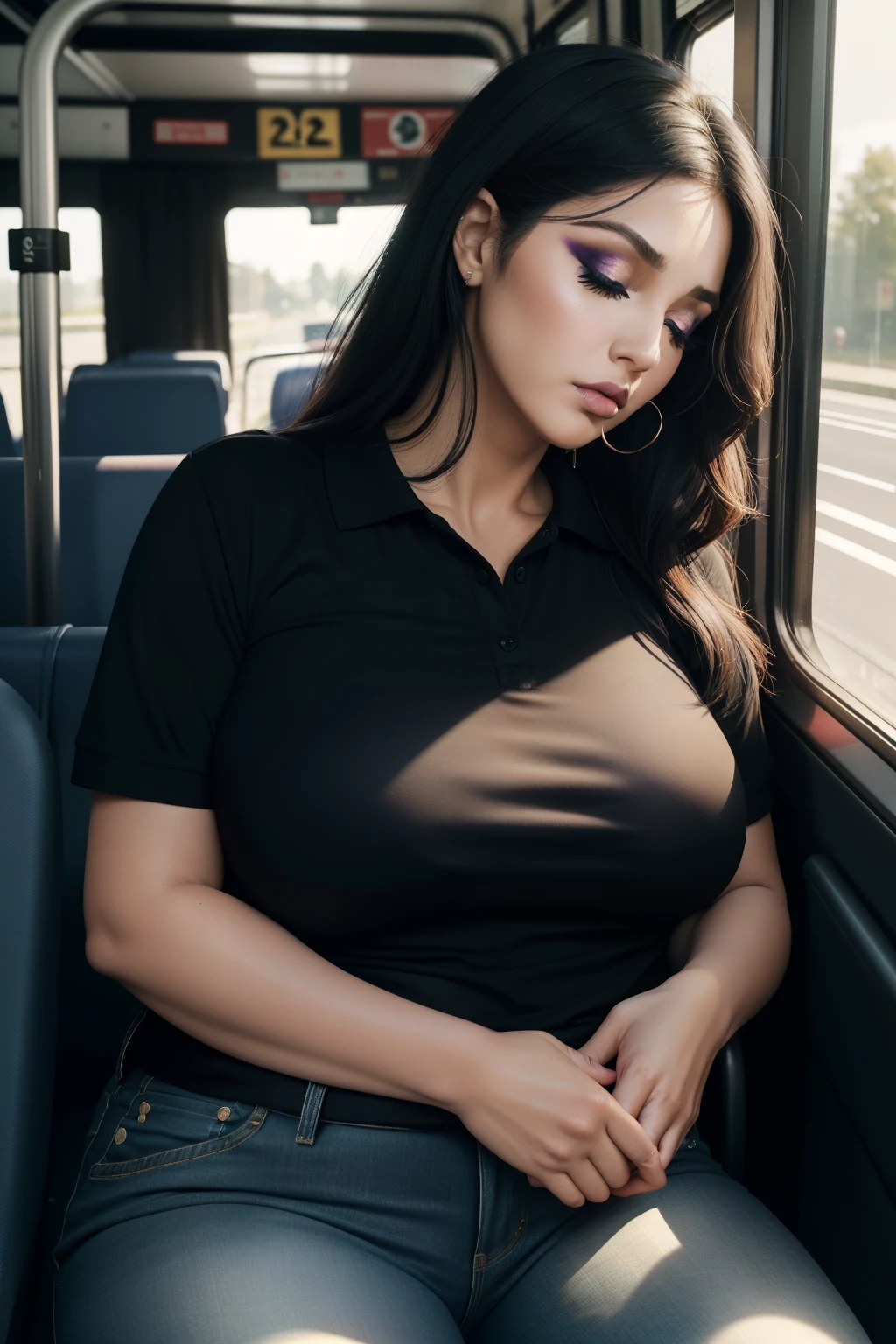 1 beautiful woman, 50-year-old lady, ((Very intense makeup)), sleeping with her mouth open, eyes closed, black hair, sleeping sitting on the bus, jeans, black polo shirt, big breasts, outlined eyes, drooling, snoring, passed out, black bag, head on the bus window, sitting by the window, voluptuous woman