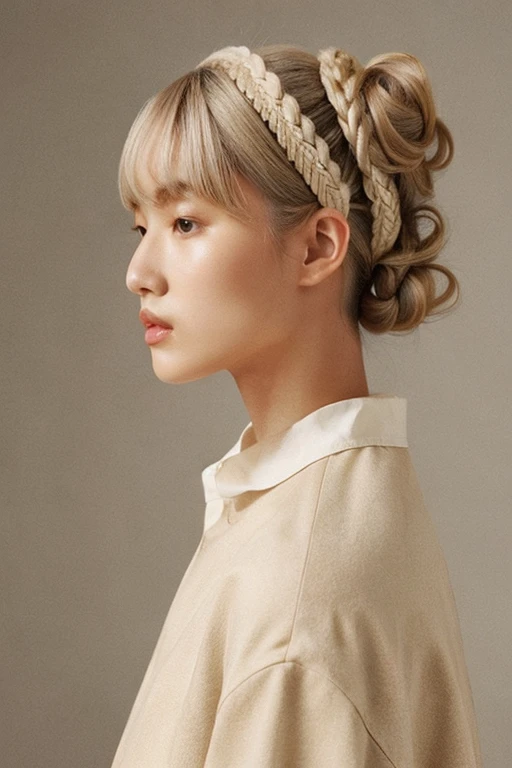 women are beige,20yr old、 beige and white gradation color hair、Hairstyle with two very large buns、Pattsun bangs、doress、Fashion Editorial