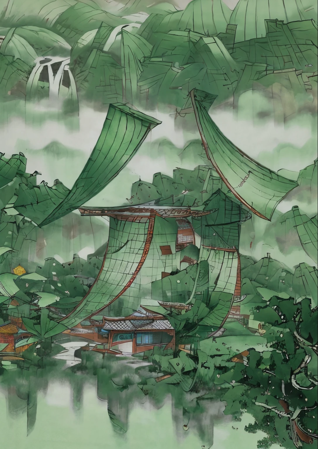 bamboo forrest,wind and rain,rained,dew。water dripping,falling leaf,8k,the detail,k hd,Overlooking,C4D modeling,OC renderer,China-style,traditional chinese textures