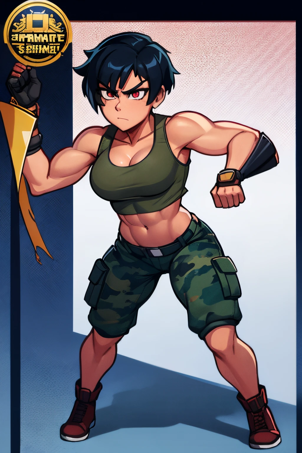 Full body, hq artwork, 24 year old, Filipino Woman, tan skin, short black hair, wearing marine corps uniform, athletic physique, strong muscles, military girl, soldier girl, infantry girl, camouflage uniform, torn tank top, belly button, gloves, torn military pants, small, cleavage, expression of determination, attack action, face close-up, action with impact, fighting on the battlefield, full body, background is ruined city, most strongest pose, female action anime girl, full body, striking manga artstyle, official art, official artwork, power girl, closeup view, badass pose, anime cover, wallpaper!, full art