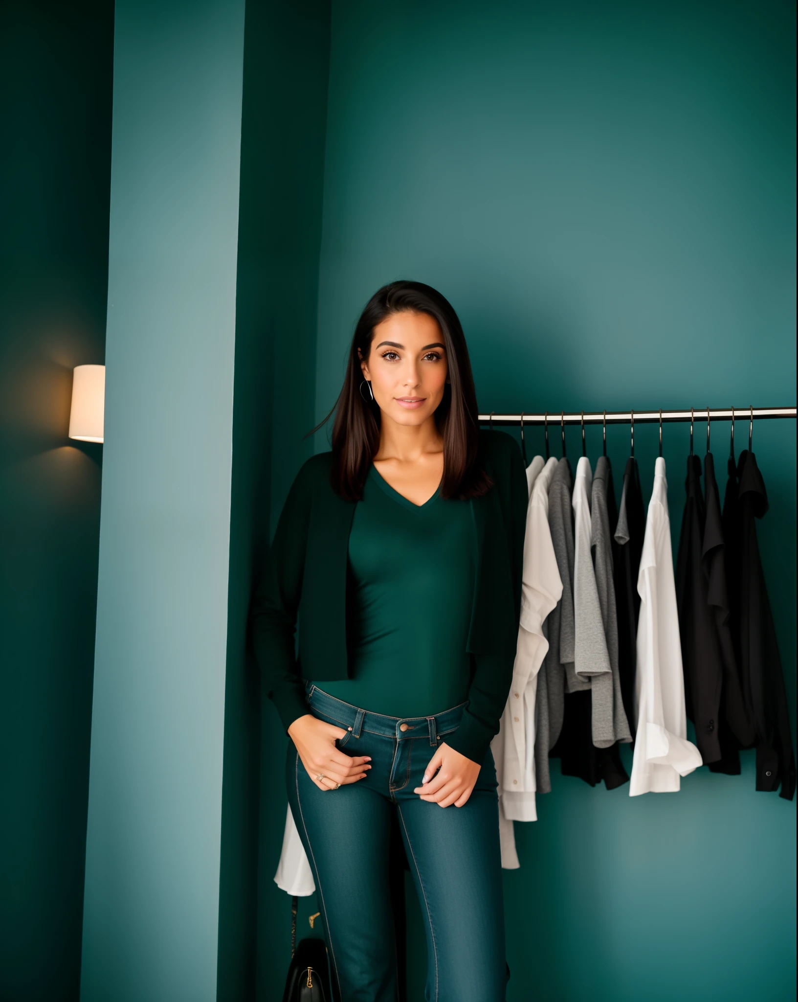 mulher arafida em frente a um arara de roupas, vestindo roupas casuais elegantes, her wardrobe is attractive, vestindo em cardigan, wearing a dark shirt and jeans, with teal clothes, usando roupas simples e apertadas, foto da roupa, usando roupas casuais, corpo inteiro - frente - tiro, em um ensaio de moda, usando um top de grife, julia sarda, modelo de corpo inteiro