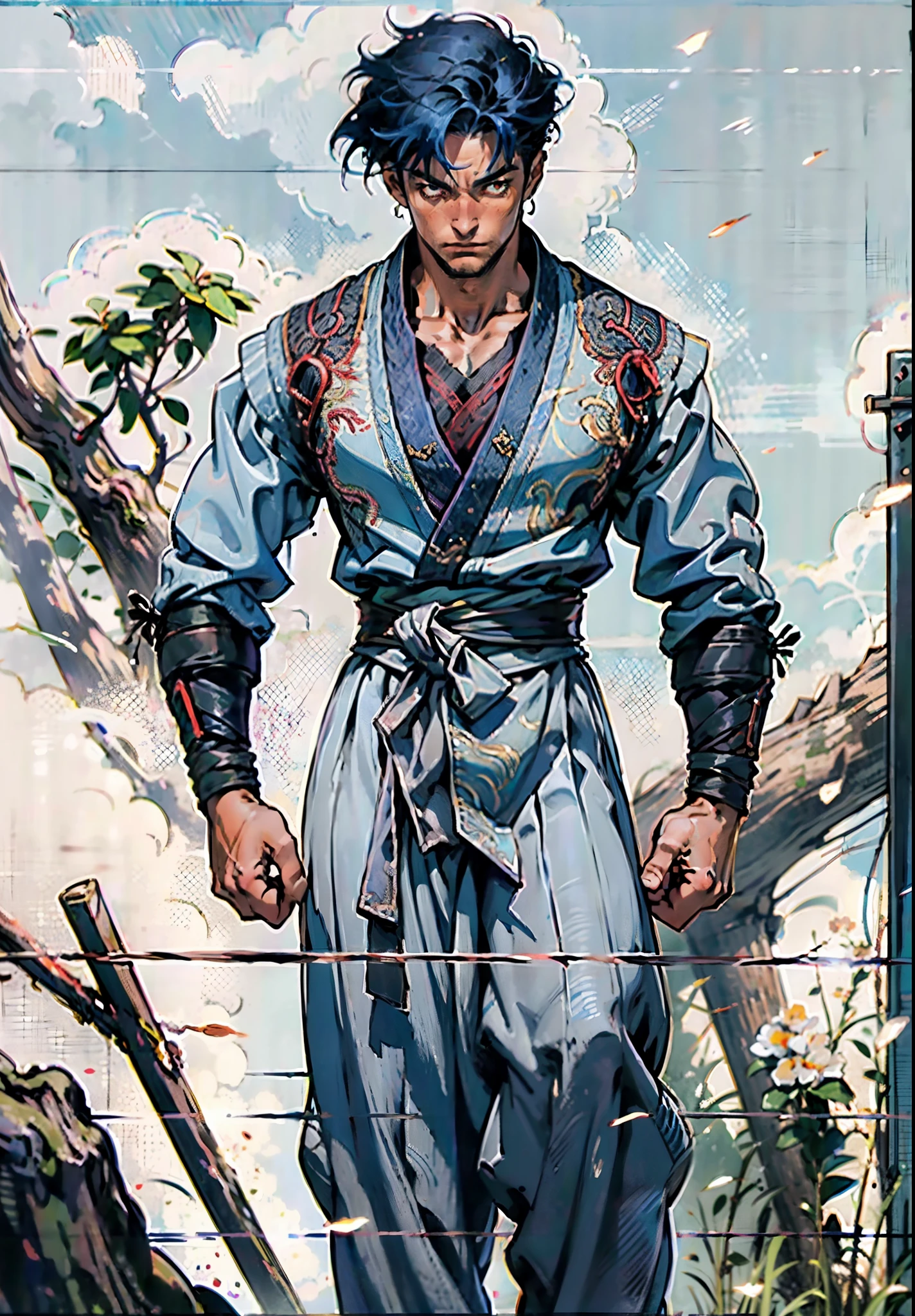 A young man, indigo blue hair, raised and fluffy short hairstyle, sharp gaze, a serious expression, a fantasy martial arts style sky-blue fabric kung fu outfit, tattered sleeves, hands wrapped with cords, a linen belt tied around the waist, coarse fabric trousers, on the cliff in the darkness of the night, this character embodies a finely crafted fantasy martial arts-style fighter in anime style, exquisite and mature manga art style, full body character drawing, high definition, best quality, highres, ultra-detailed, ultra-fine painting, extremely delicate, professional, anatomically correct, symmetrical face, extremely detailed eyes and face, high quality eyes, creativity, RAW photo, UHD, 8k, Natural light, cinematic lighting, masterpiece-anatomy-perfect, masterpiece:1.5