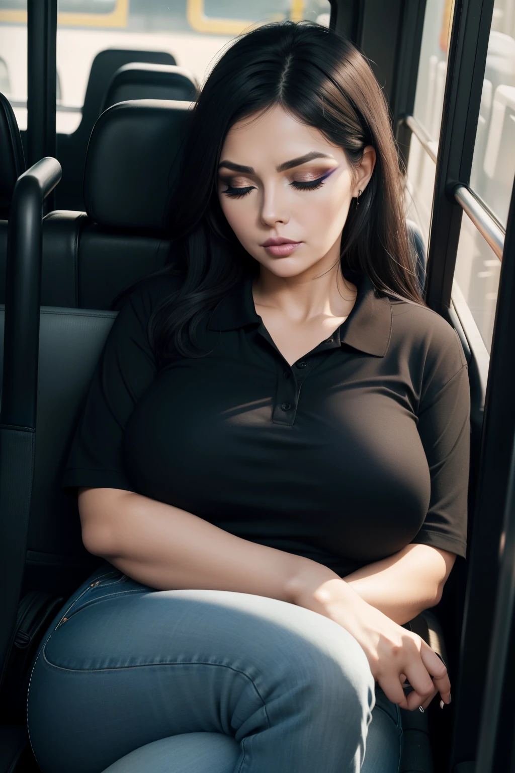 1 beautiful woman, 50-year-old lady, ((Very intense makeup)), sleeping with her mouth open, eyes closed, black hair, sleeping sitting on the bus, jeans, black polo shirt, big breasts, outlined eyes, drooling, snoring, passed out, black bag, head on the bus window, sitting by the window, voluptuous woman