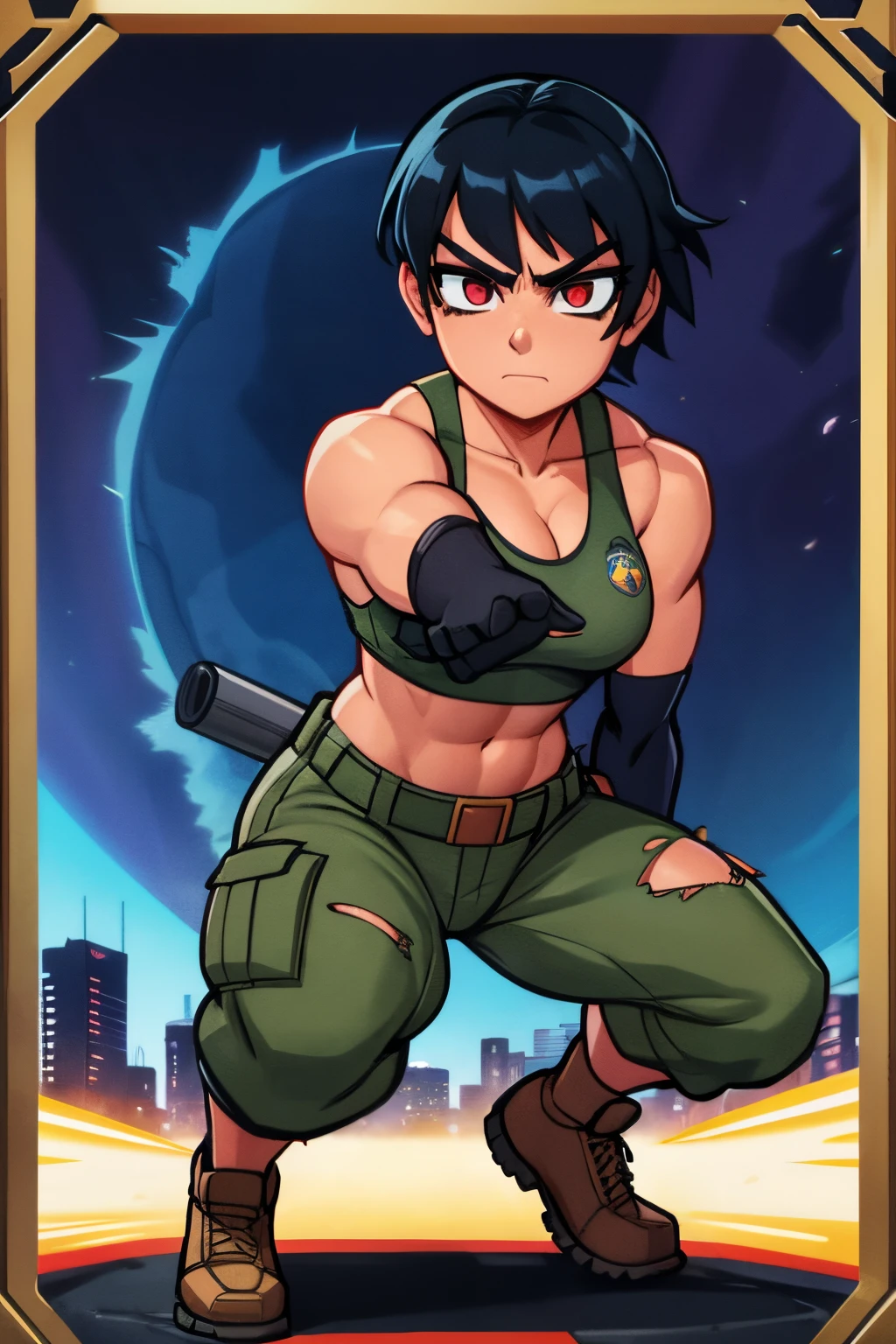 Full body, hq artwork, 24 year old, Filipino Woman, tan skin, short black hair, wearing marine corps uniform, athletic physique, strong muscles, military girl, soldier girl, infantry girl, camouflage uniform, torn tank top, belly button, gloves, torn military pants, small, cleavage, expression of determination, attack action, face close-up, action with impact, fighting on the battlefield, full body, background is ruined city, most strongest pose, female action anime girl, full body, striking manga artstyle, official art, official artwork, power girl, closeup view, badass pose, anime cover, wallpaper!, full art