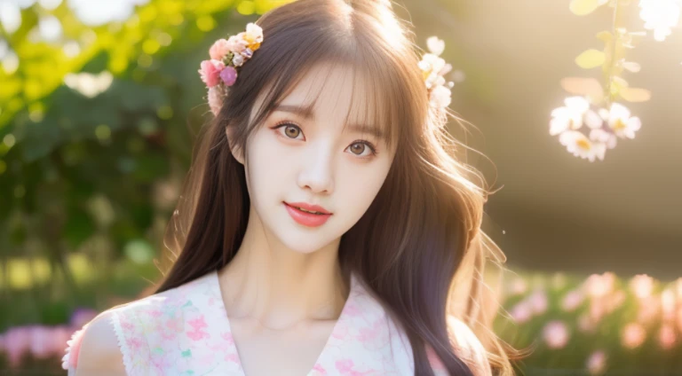 8k, RAW photo, best quality, masterpiece, high detail RAW color photo, professional photograph, (realistic, photorealistic:1.37), (high detailed skin:1.2), high resolution, beautiful detailed eyes, (hard focus:1.4), (sharp focus:1.4), 1girl wearing casual spring dress, floral pattern, sitting in blooming garden, surrounded by colorful flowers, gentle breeze, relaxed posture, hair flowing freely, vibrant spring day, bright, natural colors, soft sunlight, bokeh, lens flare, (vignette:0.8), dramatic lighting, cinematic lighting, back light, professional lighting, physically-based rendering, ulzzang-6500-v1.1, pureerosface_v1