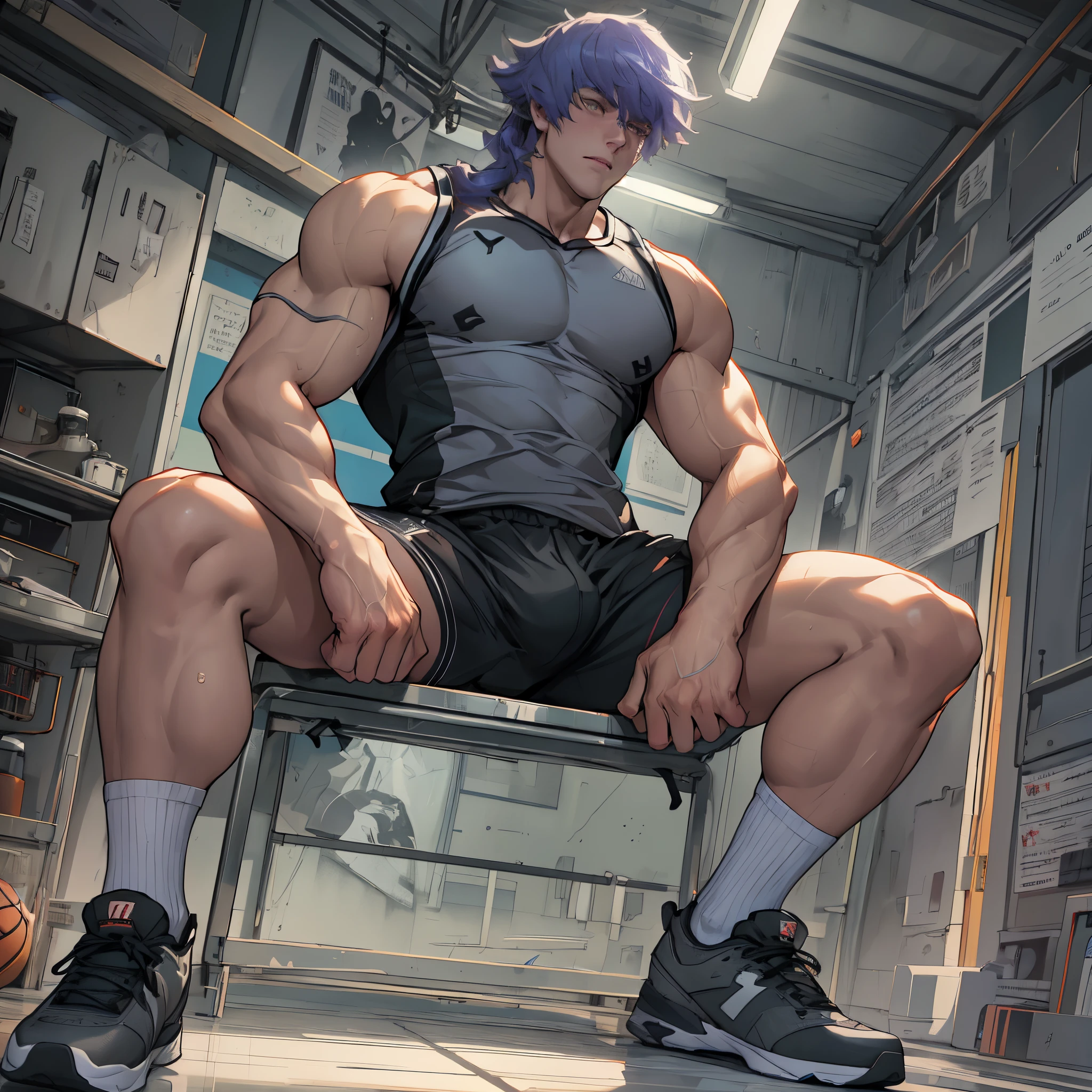 Libido boy,Tong,large pecs,Big bag,Wear white basketball socks,Half recumbent,CG sense,POV perspective,Dark atmosphere,8K,Cinematic lighting effects,Textured skin,best qualtiy,Storytelling images,Storytelling images,dynamic blur,actionpose