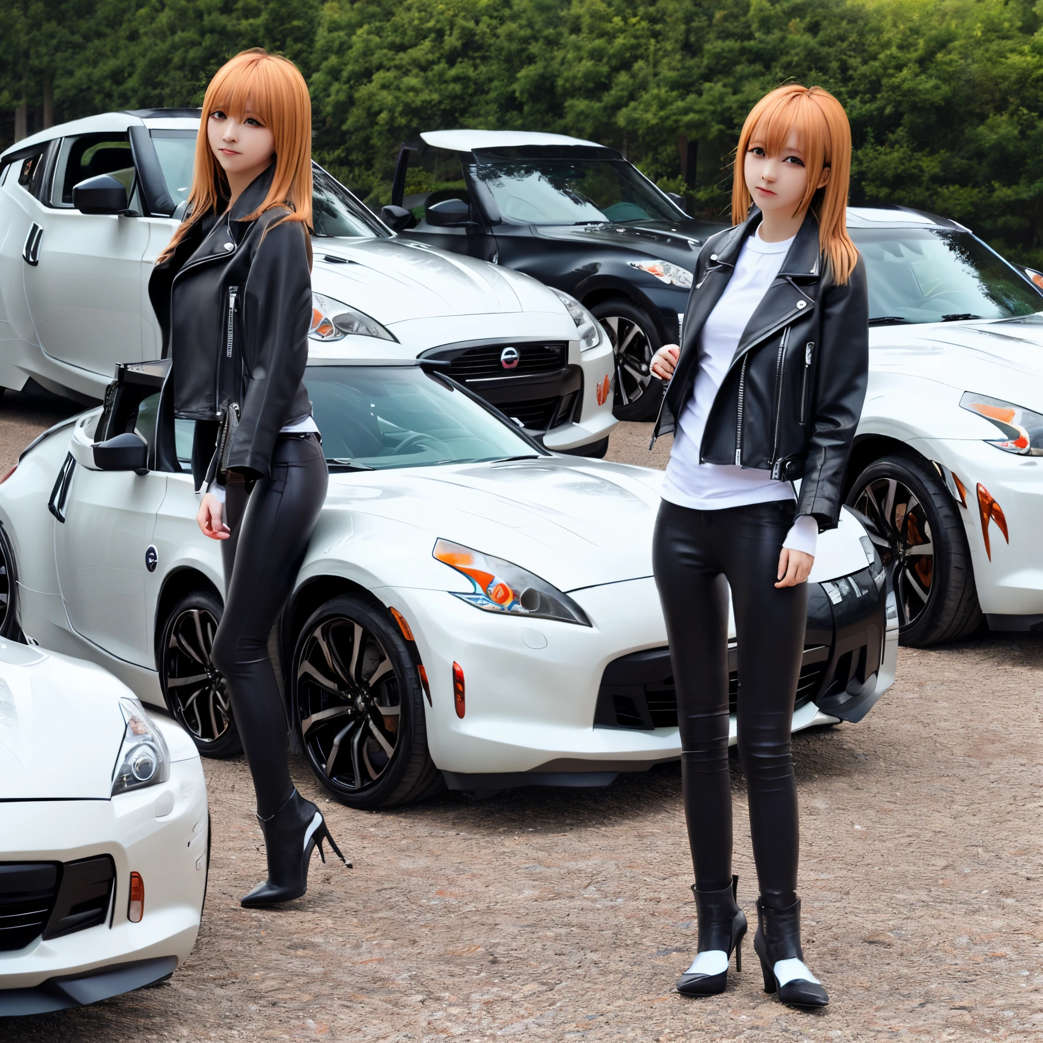 Anime girl long gray hair blue eyes black leather jacket, black pants, leaning on a Nissan 370Z