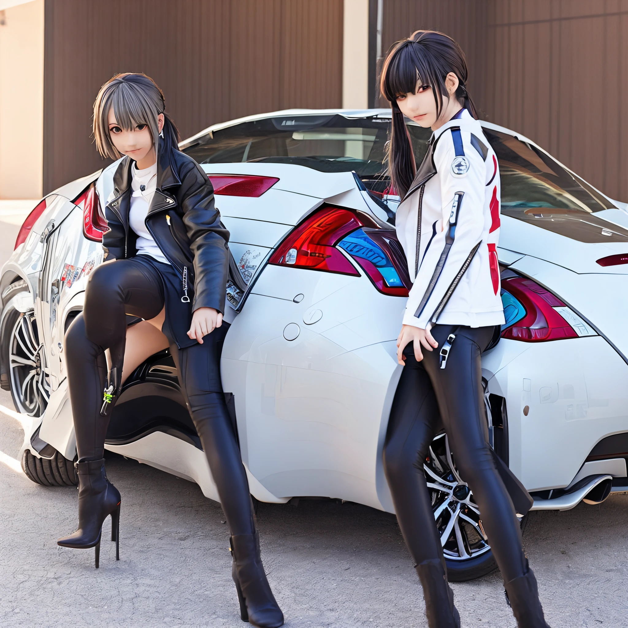 Anime girl long gray hair blue eyes black leather jacket, black pants, leaning on a Nissan 370Z